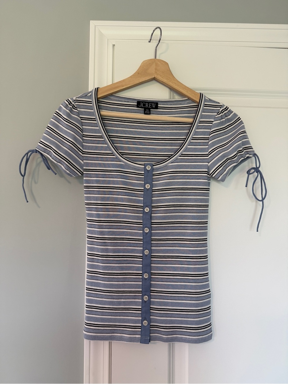 J.Crew Blue and White Striped Button-Front Tee with Tie Sleeves